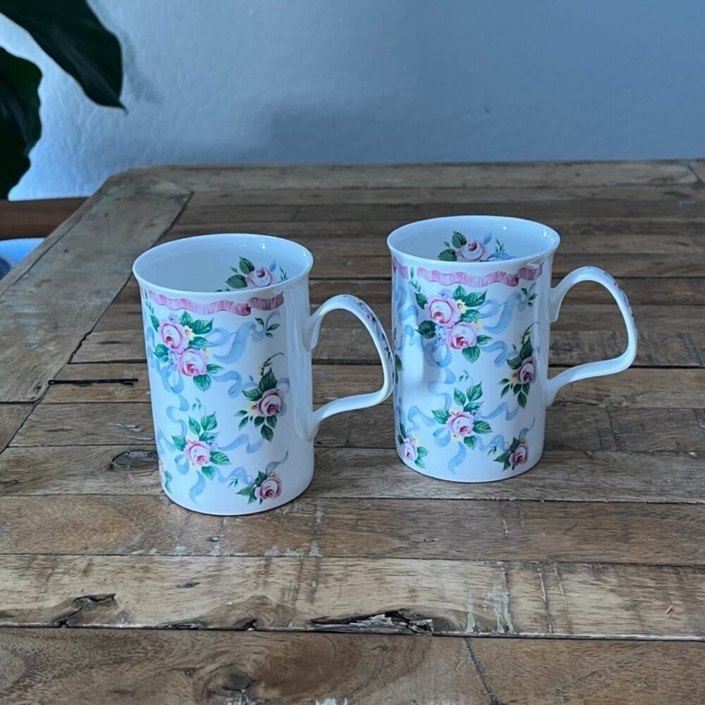 Roy Kirkham TROUSSEAU Fine Bone China Mugs 4.25" Peony Pink Roses Set of 2